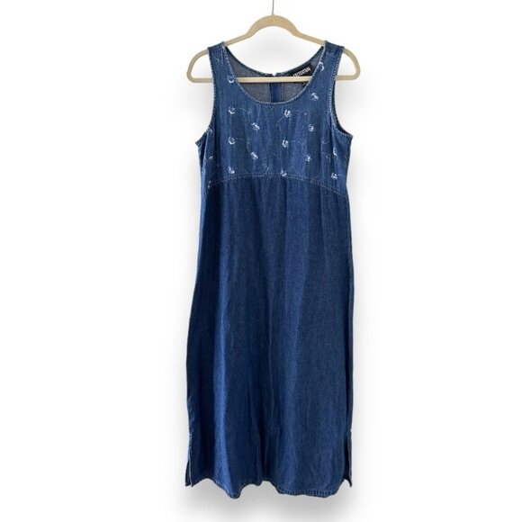Vintage 90s Blue Jean Maxi Dress Embroidered Sleeveless Denim Jumper Size Medium - Picture 1 of 16